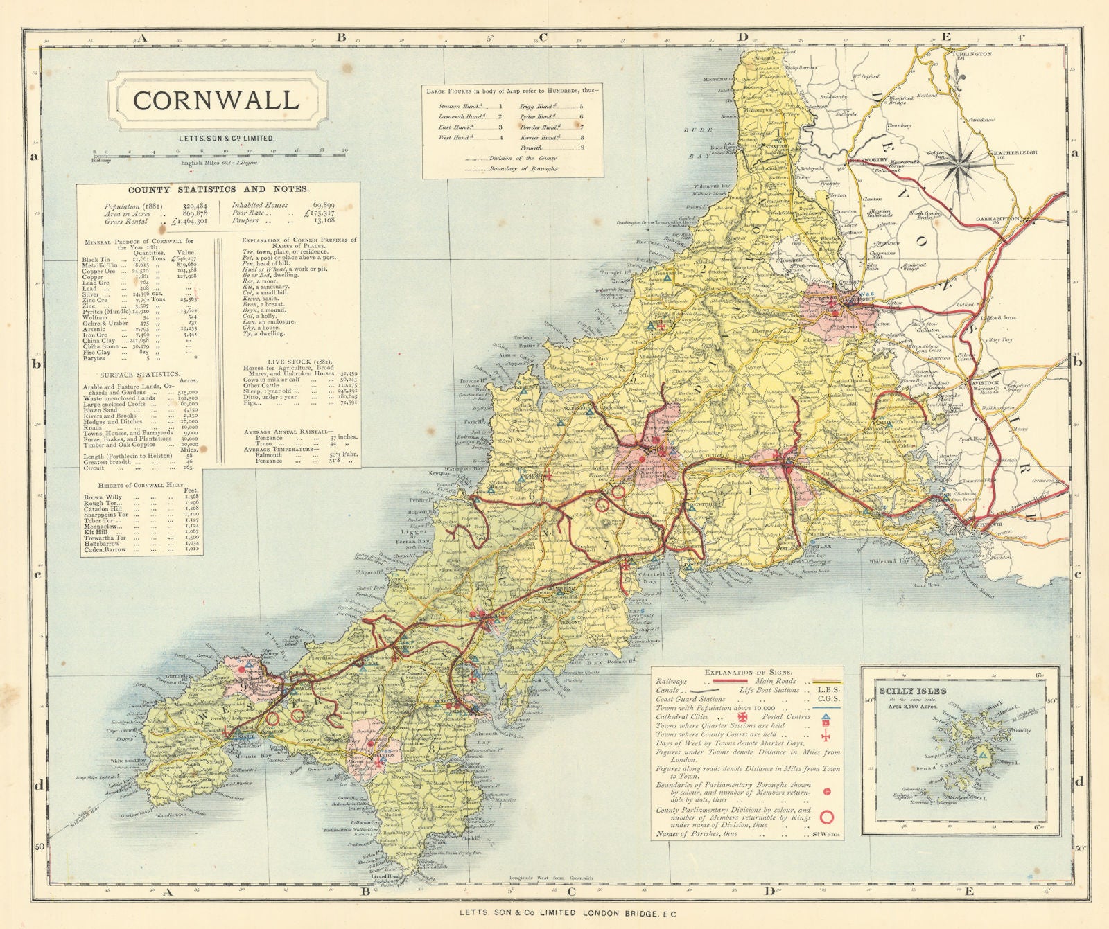 Cornwall county map showing Post Towns & Market Days. LETTS 1884 old
